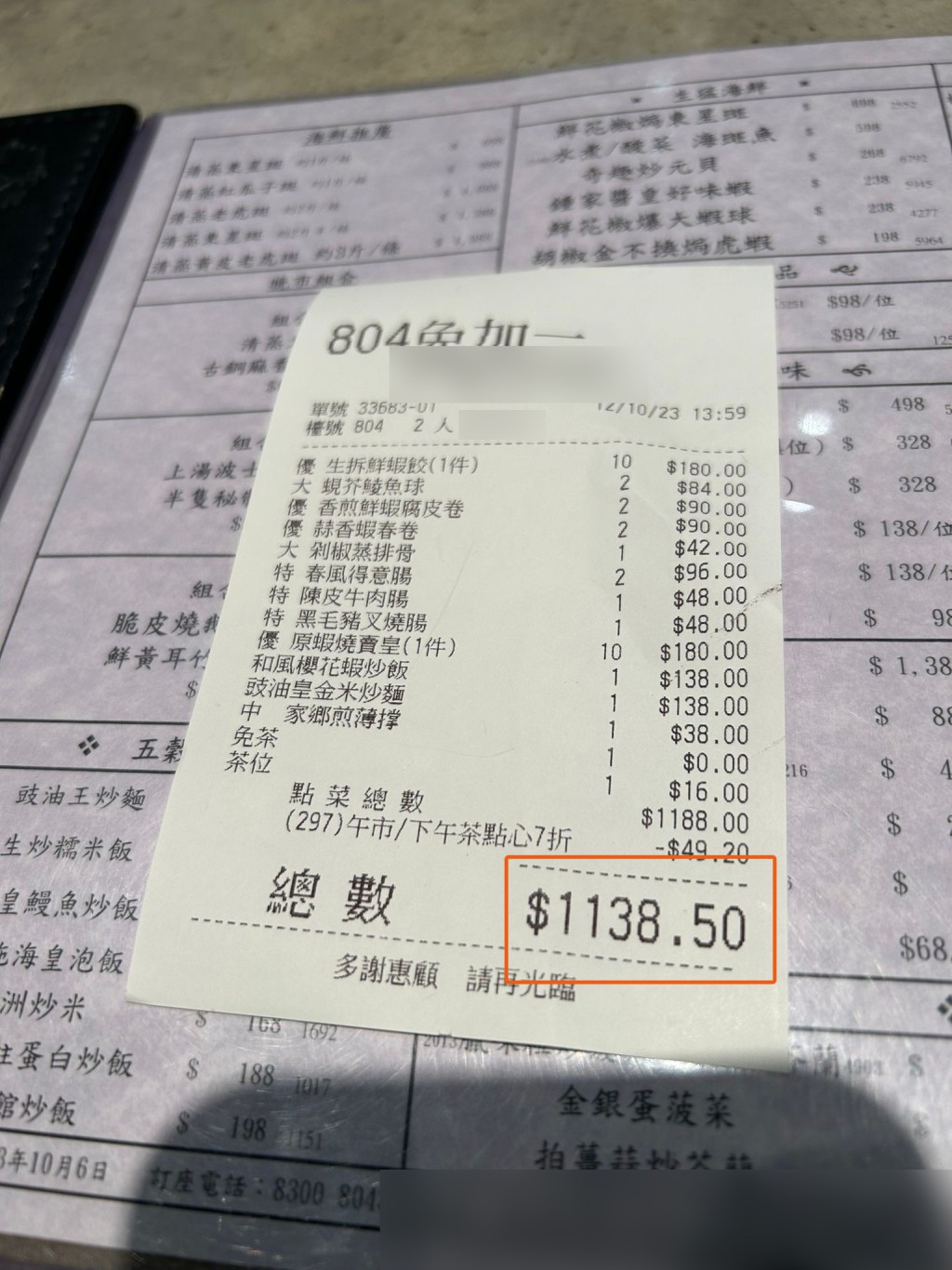 雖食到「曱甴包」，她們最後埋單仍付$1138。
