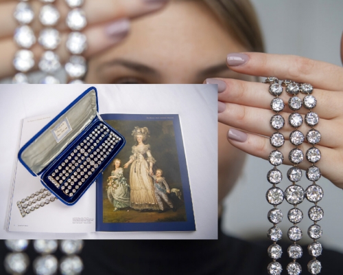瑪麗皇后兩條具200年歷史的鑽石手鏈以超過6,300萬港元成交。 （美聯社） 