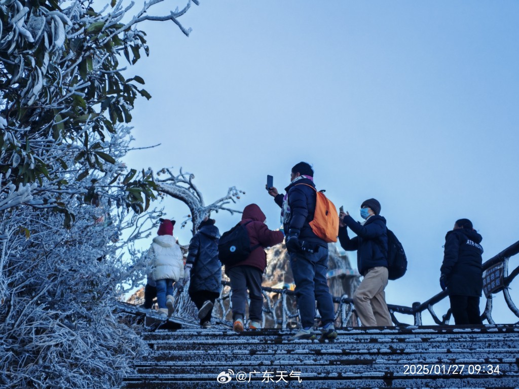 廣東受冷空氣侵襲，粵北金子山迎冰雪奇觀。（微博）