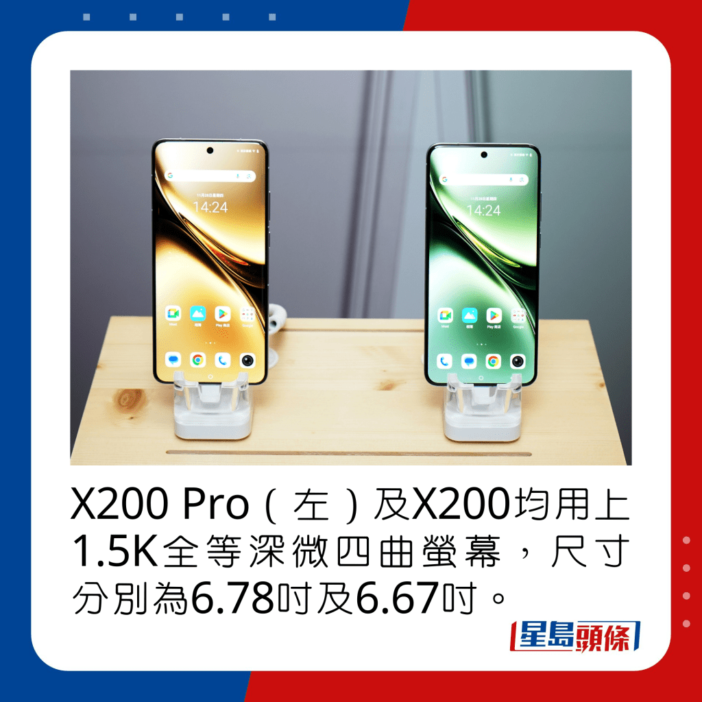 X200 Pro（左）及X200均用上1.5K全等深微四曲萤幕，尺寸分别为6.78寸及6.67寸。