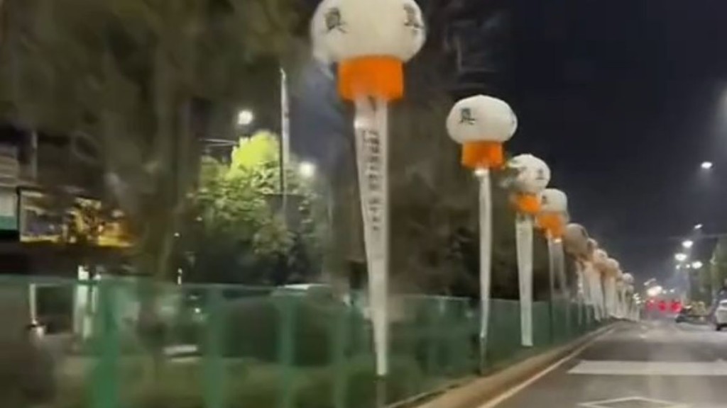 網民發現湖南一馬路邊被人放置大量「奠」字的燈籠。