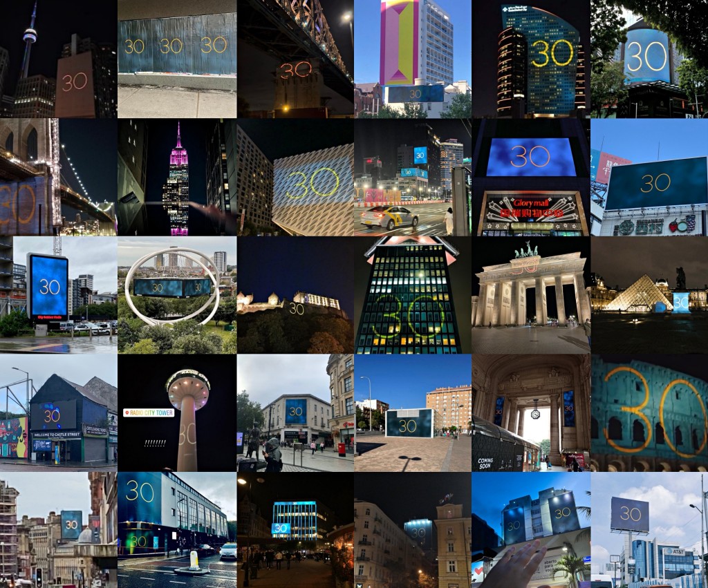 全球多個城市都有「30」字樣，應該係Adele新碟名稱。