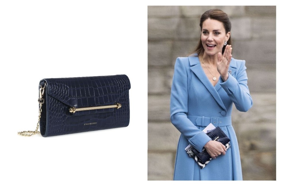 凱特王妃Kate Middleton早前出席活動時，選用Strathberry最新仿鱷魚紋海軍藍手拿包/$2,800（Multrees Chain Wallet – Embossed Croc Navy）。