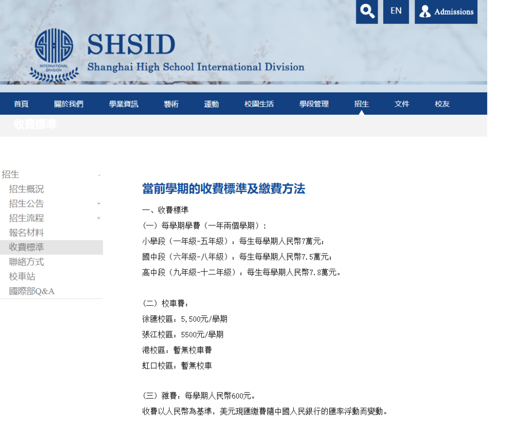 上海中學國際部（SHSID）的學費。