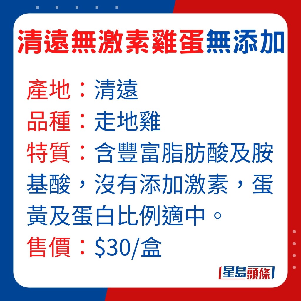 特质：含丰富脂肪酸及胺基酸，没有添加激素，蛋黄及蛋白比例适中。