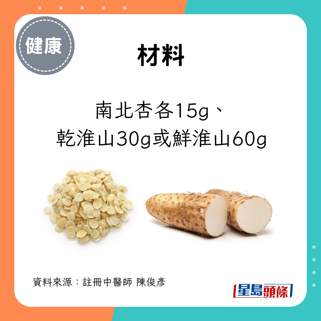 材料：南北杏各15g、 乾淮山30g或鮮淮山60g