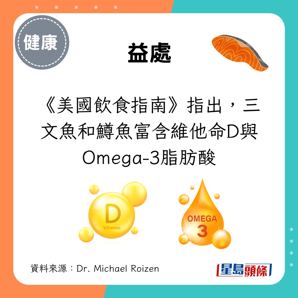 《美国饮食指南》指出，三文鱼和鳟鱼富含维他命D与Omega-3脂肪酸