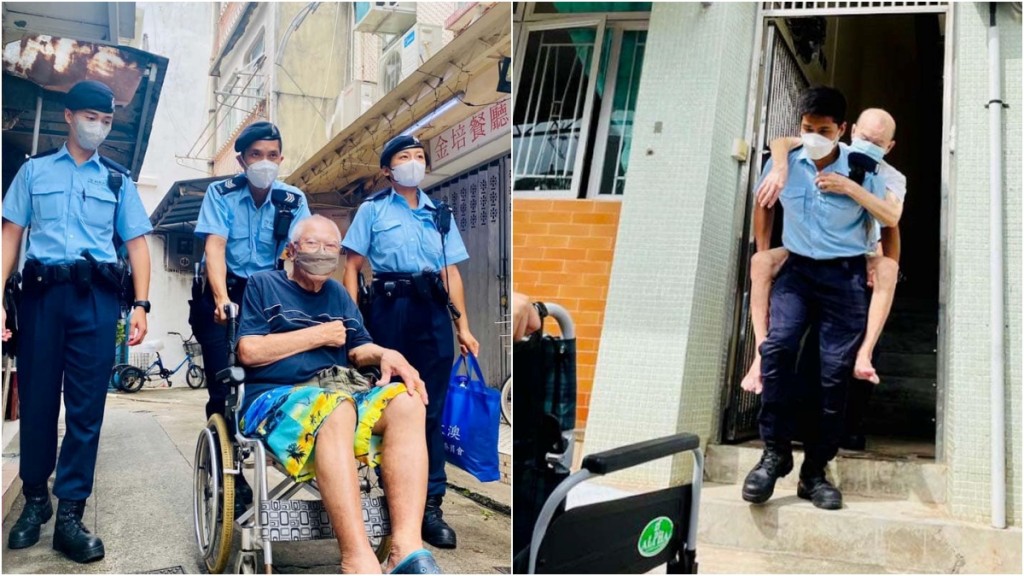 新界南機動部隊人員協助受影響的大澳居民重返家園。 警方圖片