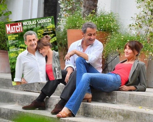 薩爾科齊明顯高過妻子，令她可依偎在丈夫肩膀上，令外界質疑是經過改圖。網圖
