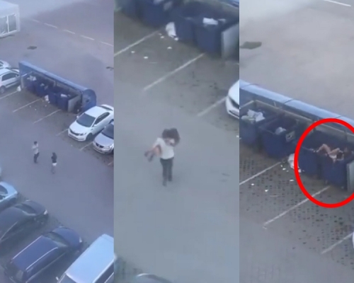 俄羅斯一名男子抱起女友扔進垃圾桶。 影片截圖