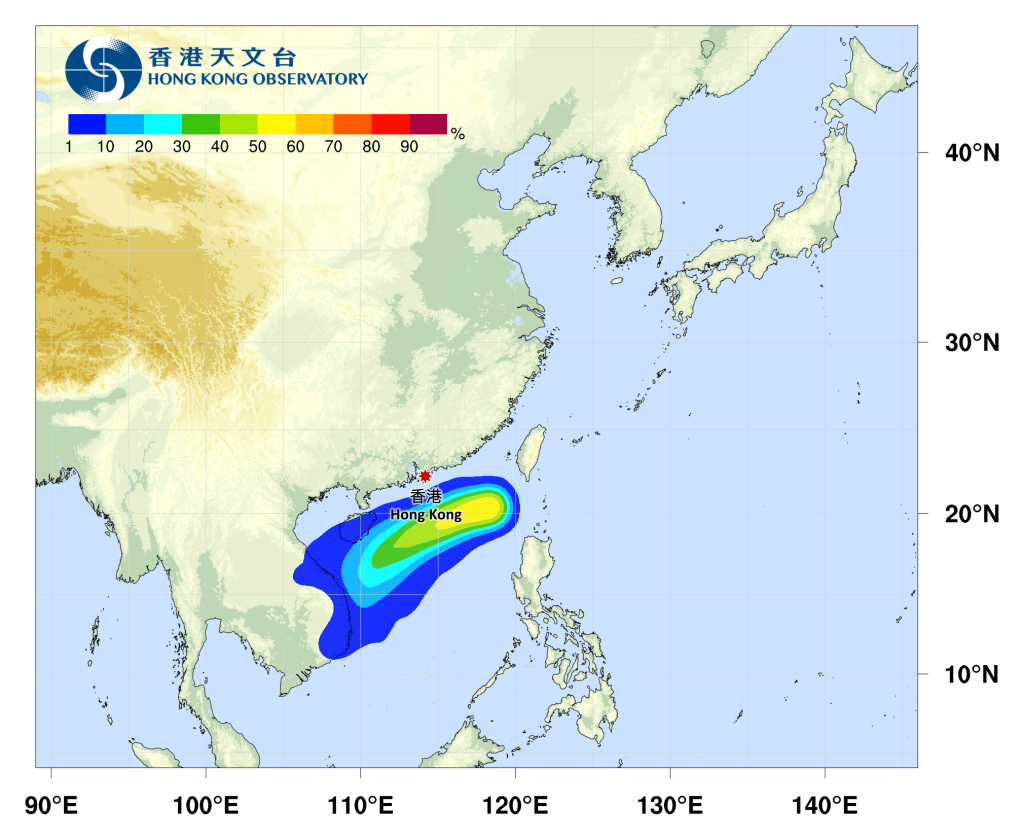 天文台指该热带低气压会与香港保持约300公里或以上距离，并逐渐减弱。热带气旋路径概率预报