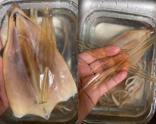 女網民誤將魷魚軟骨當成飲管，質疑檔主為了增加魷魚乾重量「呃秤」。FB圖片