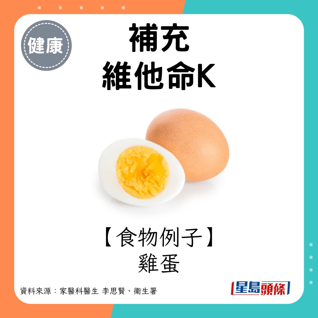 维他命K食物例子：鸡蛋。