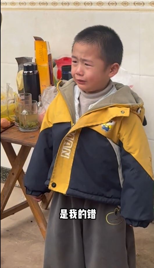 男童開席前弄翻菜餚，痛哭認錯短片在網上熱播。抖音