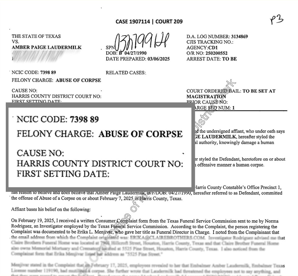 法庭文件顯示，女防腐師被控虐待屍體罪。 。 fb／哈里斯縣警察分局