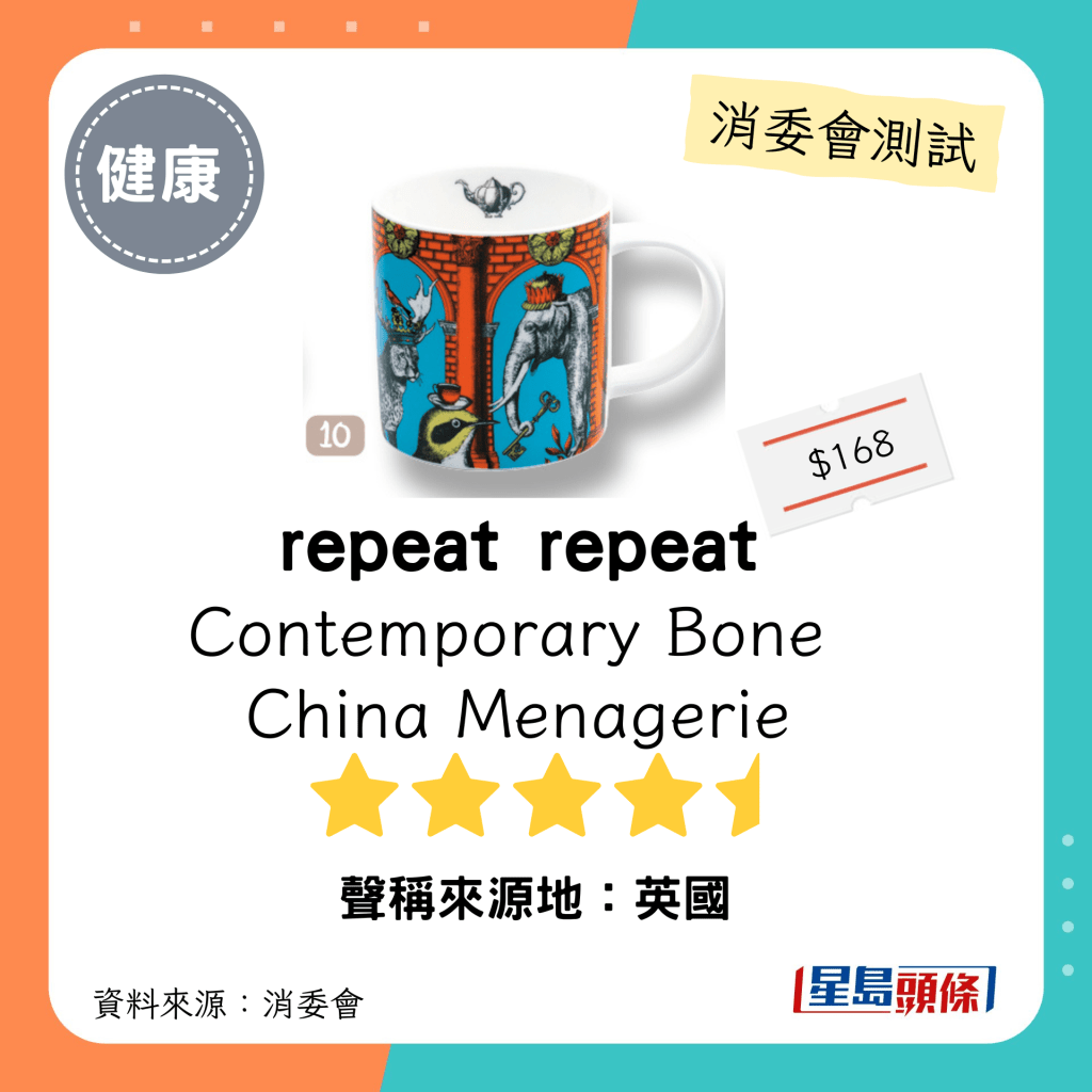 消委会陶瓷餐具测试｜4.5星：「repeat repeat」Contemporary Bone China Menagerie168。