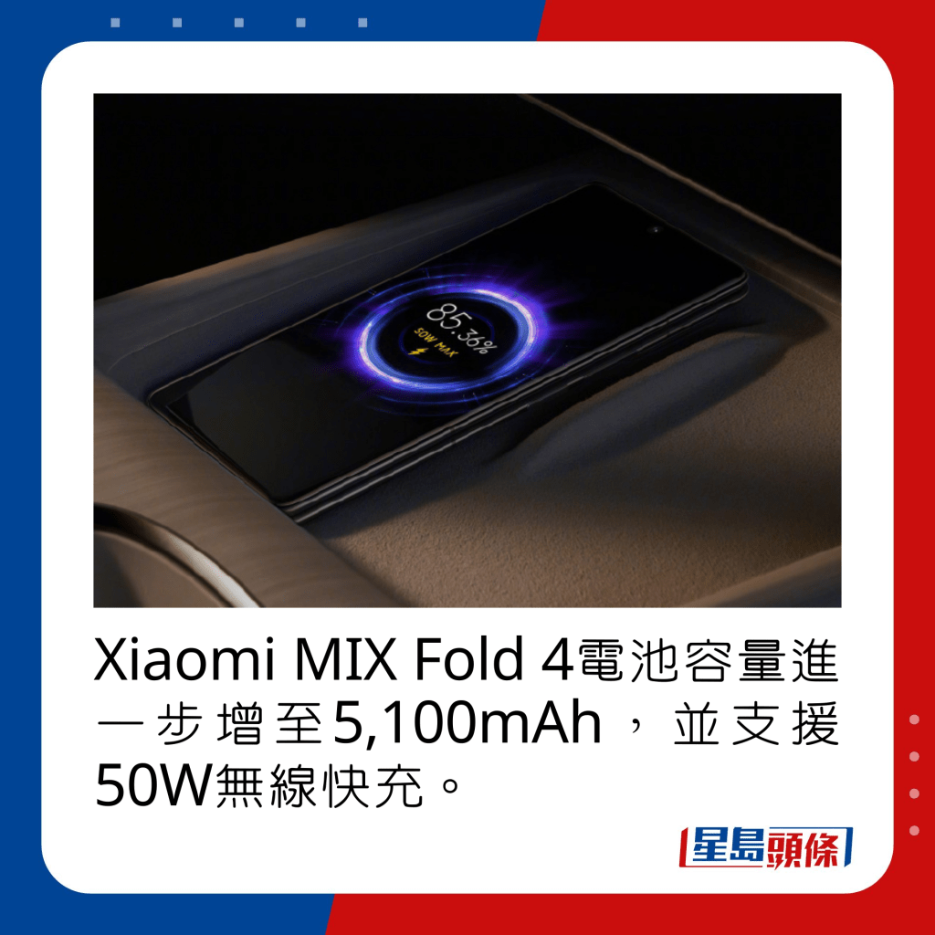 Xiaomi MIX Fold 4電池容量進一步增至5,100mAh，並支援50W無線快充。