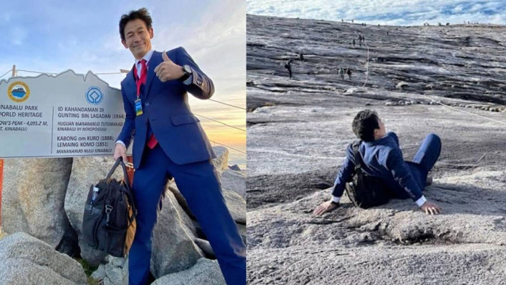 日本西装店老板“全套西装皮鞋”征服4000米神山。FB