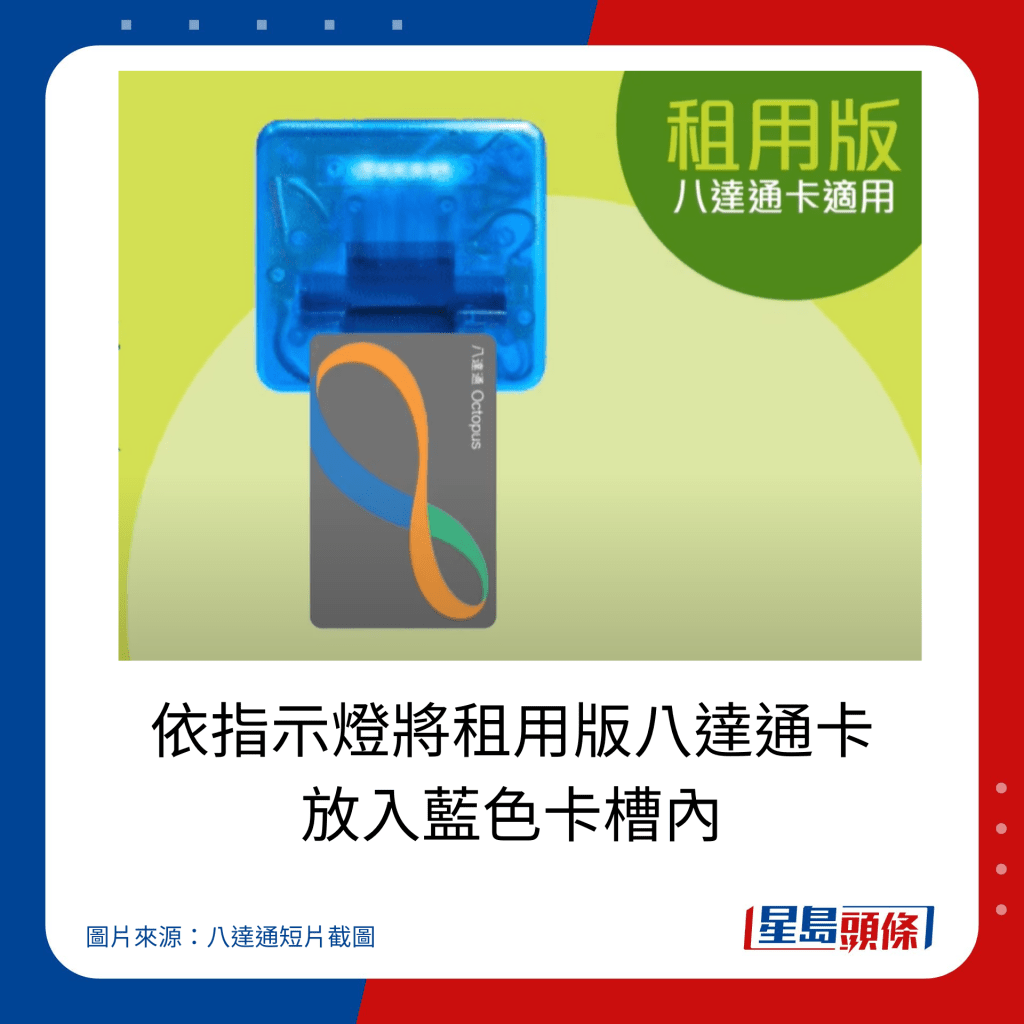 步骤3，如果旧有八达通卡是租用版，依指示灯将租用版八达通卡放入蓝色卡槽内。