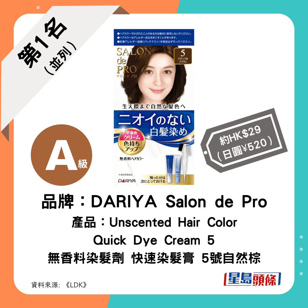第1名（並列）：DARIYA - Salon de Pro Unscented Hair Color Quick Dye Cream 5 無香料染髮劑 快速染髮膏 5號自然棕
