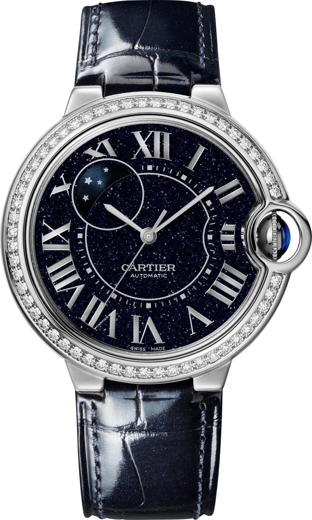 Cartier 的Ballon Bleu de Cartier，表壳：36mm白金/ 机芯：自动/ 宝石：54颗钻石共重0.79卡/ 售价：$229,000。