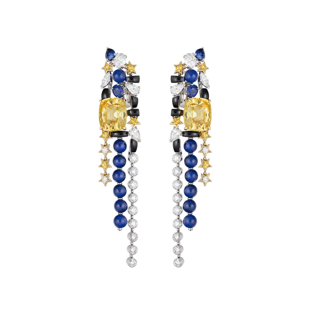 Tweed Etoilé黄金及白金钻石耳环，镶嵌黄色蓝宝石、青金石及玛瑙。。