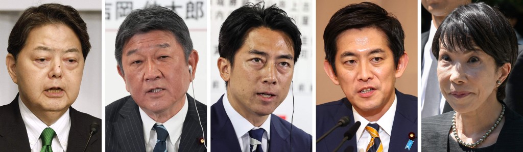 左起:林芳正、茂木敏充、小泉進次郎、小林鷹之及高市早苗,都有意參選自民黨總裁。法新社 左起:林芳正、茂木敏充、小泉進次郎、小林鷹之及高市早苗,都有意參選自民黨總裁。法新社
