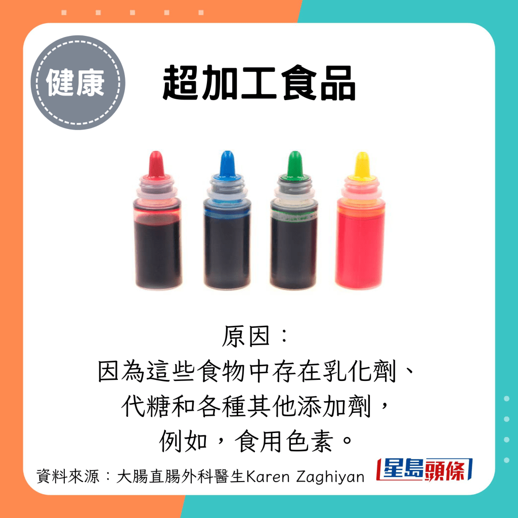 超加工食品：原因： 因为这些食物中存在乳化剂、 代糖和各种其他添加剂， 例如，食用色素。