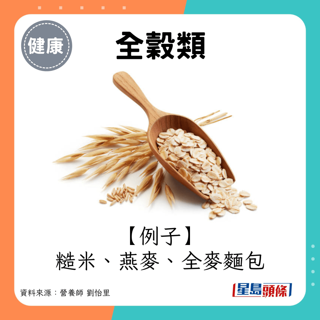 全穀類例子：糙米、燕麥、全麥麵包。