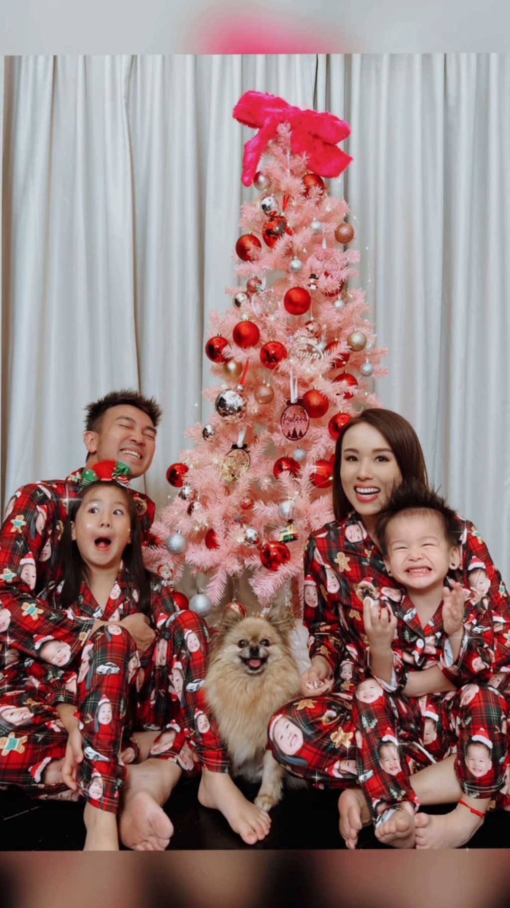 杨洛婷一家四口穿上圣诞装，圣诞睡衣上都是一家人的照片，有网民笑指引起密集恐惧。