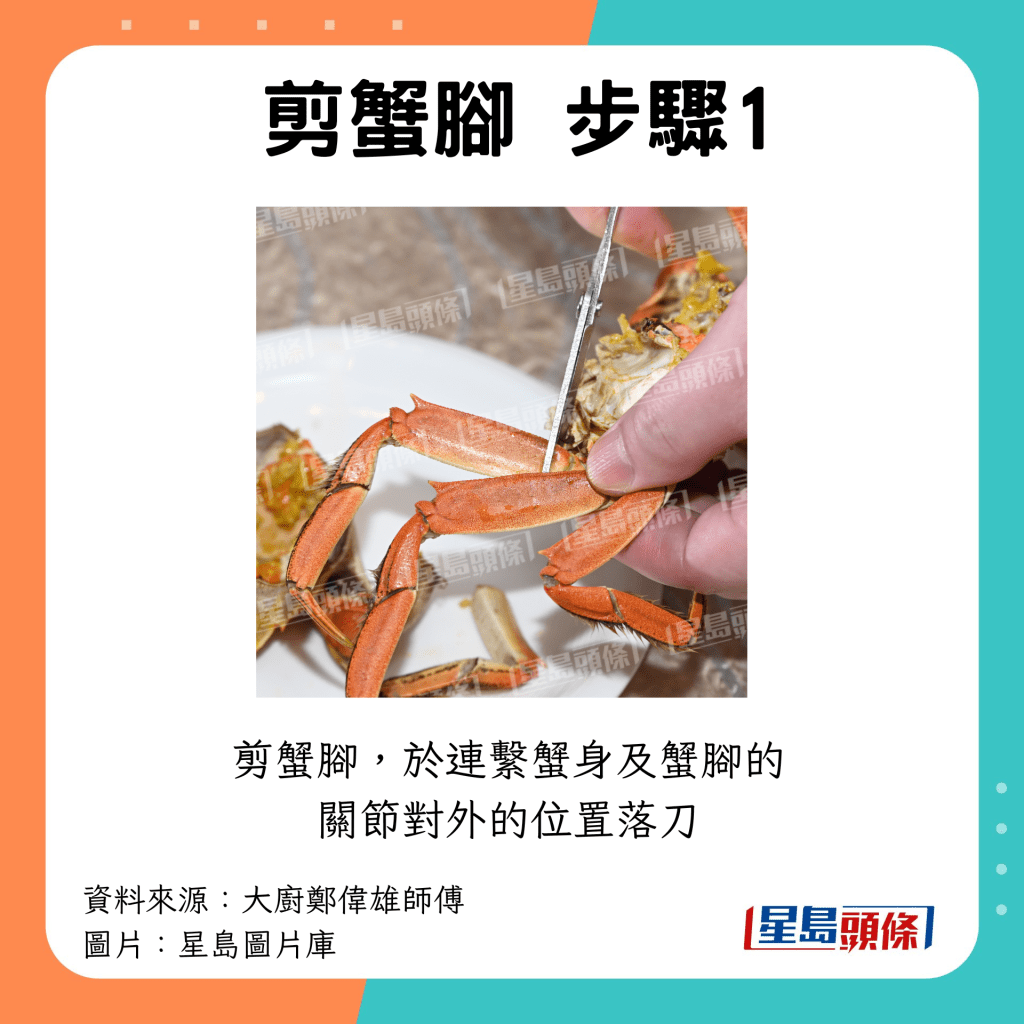 剪蟹腳，於連繫蟹身及蟹腳的關節對外的位置落刀