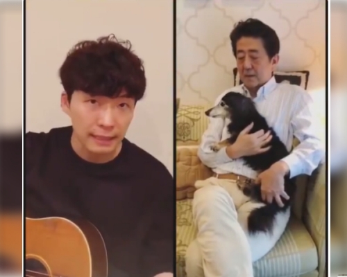 安倍上傳星野源防疫曲自己在家抱著愛犬。twitter