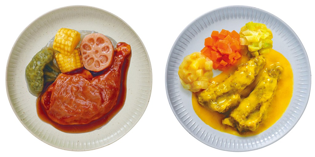 品牌講究「原汁原味、無人工添加」，輕嚥豉油雞髀（左）及輕嚥咖喱牛肋條（右）的味道及質感，令味覺正常的非長者用戶也感到滿意。