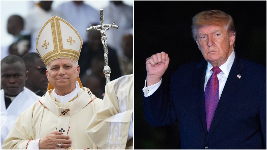 教宗良十四世（左）特朗普近日持續「隔空開火」。 美聯社