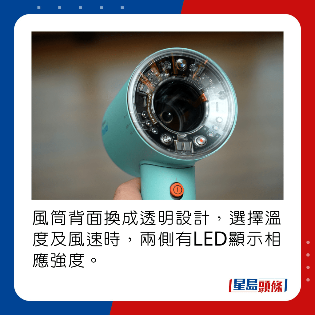 风筒背面换成透明设计，选择温度及风速时，两侧有LED显示相应强度。