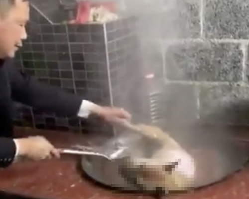 一名大叔不斷以熱水淋向鍋中的狗狗，狗狗不斷痛苦掙扎。(網圖)