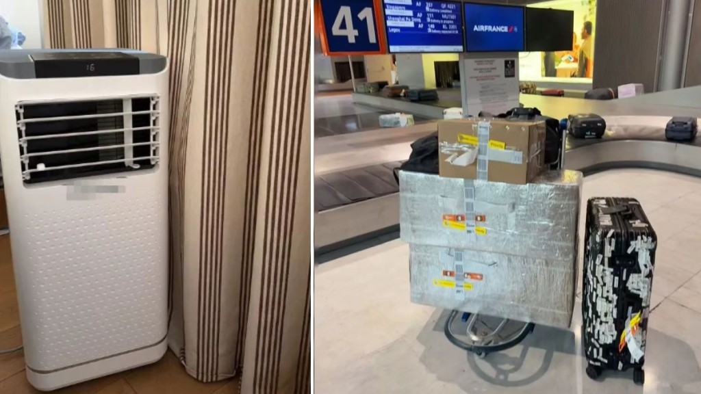 樓先生從國內直接帶兩部移動式冷氣機到法國。極目新聞