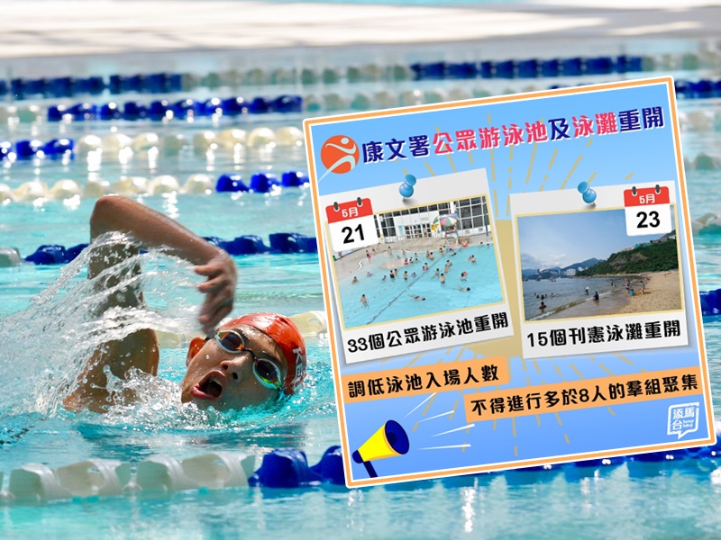 康文署由今日起重開33個公眾游泳池,並於周六(23日)起重開15個泳灘。小圖為fb「添馬台」圖片