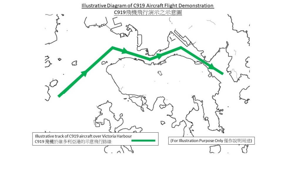 C919 飞机当天在维多利亚港飞行演示路线。民航处