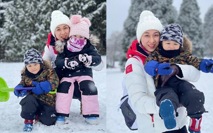 鍾嘉欣最享受親子時光,與子女玩雪好開心。