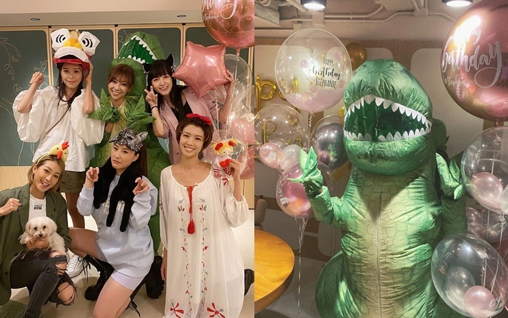 跟成班好姊妹庆祝，何雁诗扮恐龙后疯狂跳舞劲搞笑。