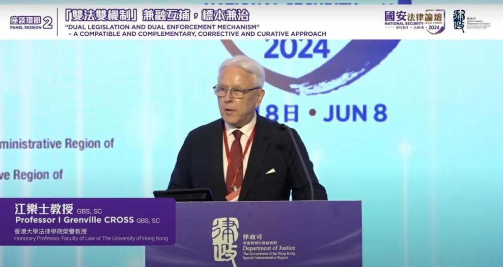 江樂士表示，《維護國家安全條例》與普通法世界的其他地方一樣。國安法律論壇直播截圖
