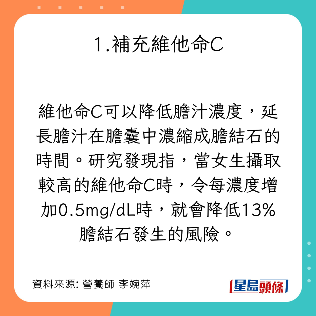 减低患胆结石食物：维他命C食物