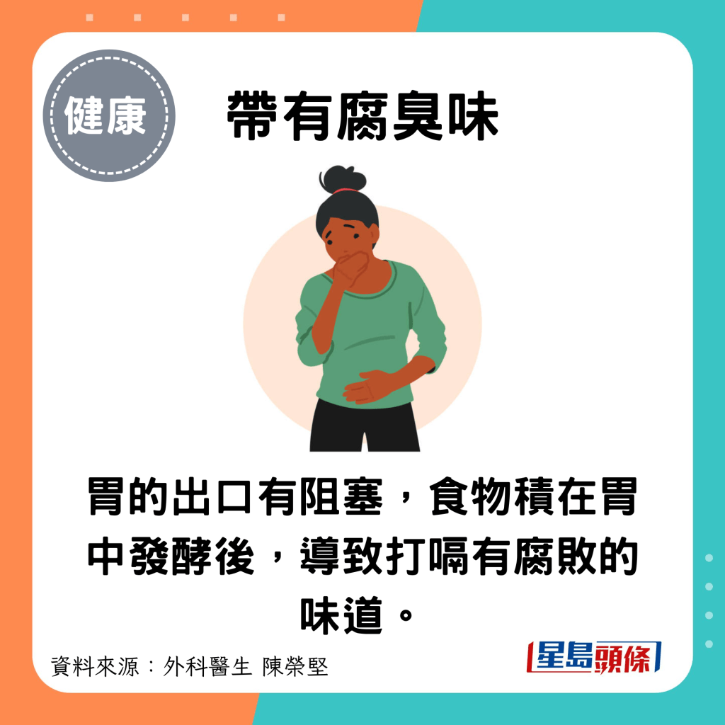 带有腐臭味：胃的出口有阻塞，食物积在胃中发酵后，导致打嗝有腐败的味道。