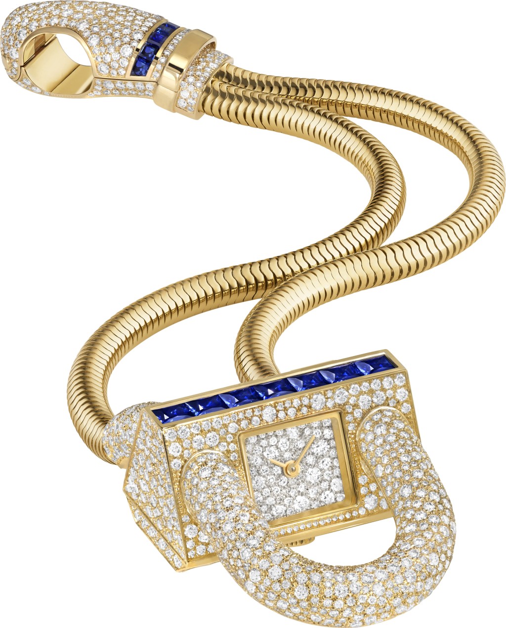 Van Cleef & Arpels Cadenas,掛鎖式錶殼及搭扣都加上一排公主式切割藍寶石作為點綴。 Van Cleef & Arpels Cadenas,掛鎖式錶殼及搭扣都加上一排公主式切割藍寶石作為點綴。
