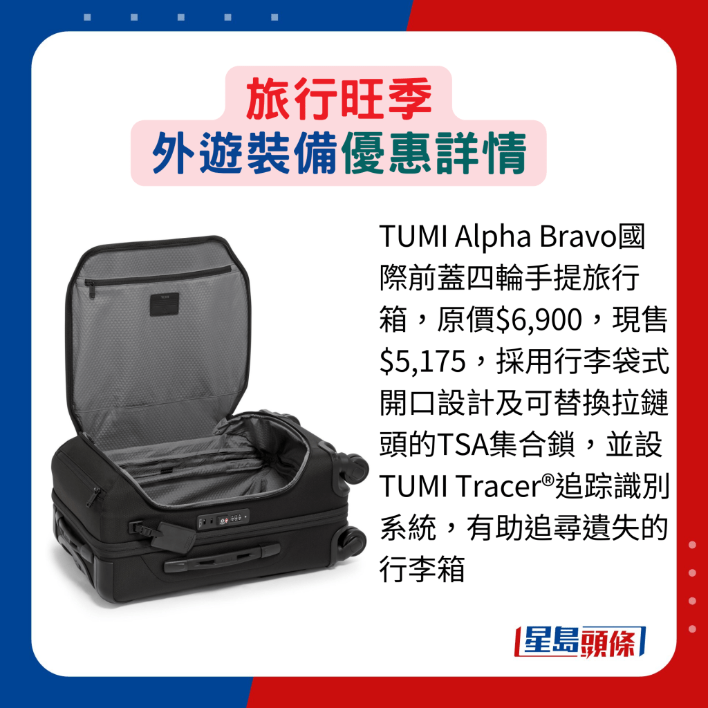 TUMI Alpha Bravo国际前盖四轮手提旅行箱，原价$6,900，现售$5,175，采用行李袋式开口设计及可替换拉链头的TSA集合锁，并设TUMI Tracer®追踪识别系统，有助追寻遗失的行李箱