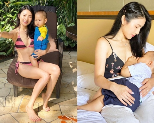林芊妤今日晒三點式母子合照，她自言明知餵人奶胸部會老十年，也繼續餵到現在！