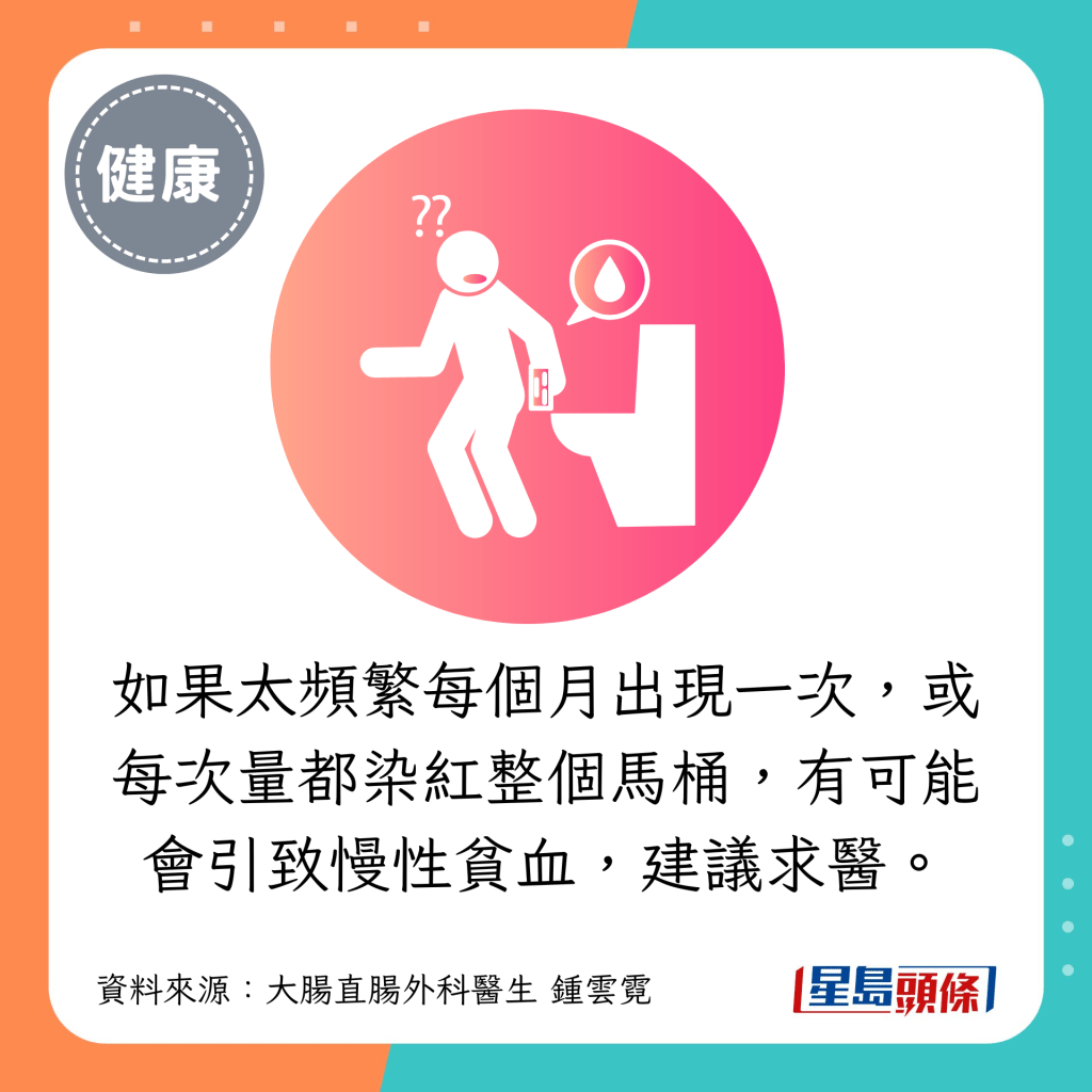 如果太頻繁每個月出現一次，或每次量都染紅整個馬桶，有可能會引致慢性貧血，建議求醫就診。