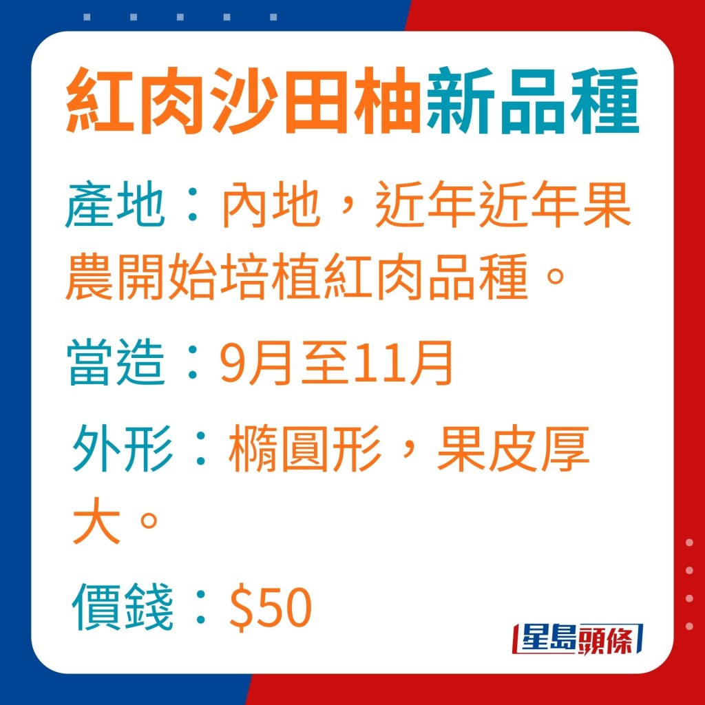 红肉沙田柚是内地果农开始培的植红肉品种，特点是多汁及高糖分。