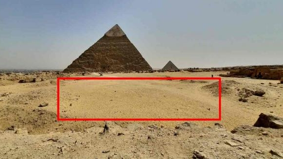 新發現的地底結構在胡夫金字塔邊上空地。